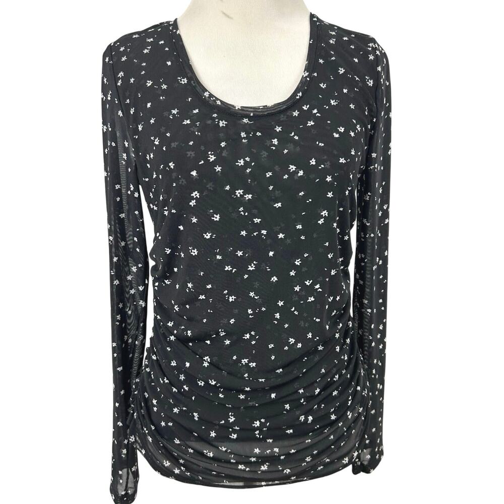 INC Black White Ditsy Floral Mesh Ruched Long Sleeve Top Petite M Y2K